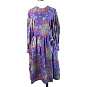 Neiman Marcus Vintage Dress Purple Floral Long Sleeve Modest Cottagecore